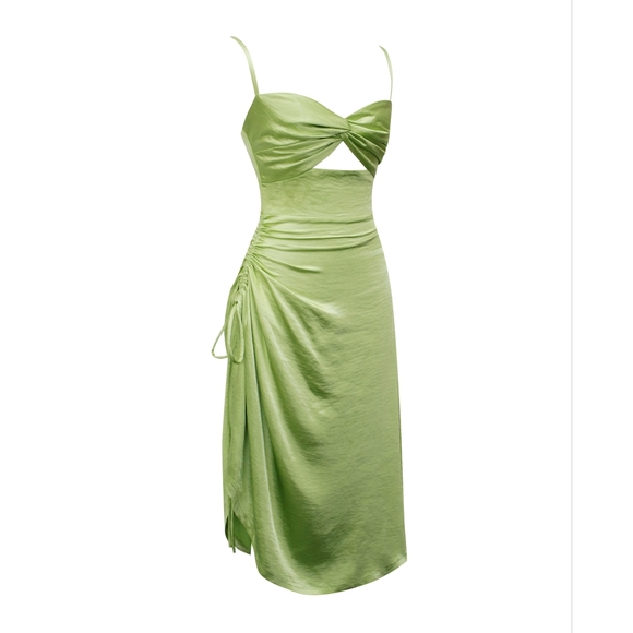 💚 Keira Olive Twist Front Side Slit Satin Dress 💚 - Picture 10 of 15